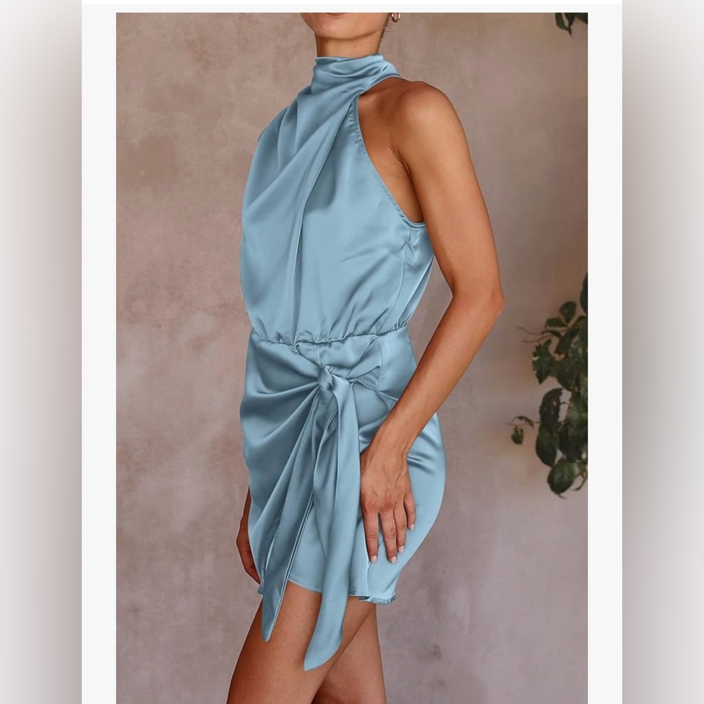 PrettyGarden One Shoulder Light Blue Satin Dress - Picture 10 of 12